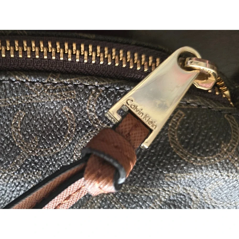 Calvin Klein Brown Monogram Logo Hobo Shoulder Bag Gold Hardware Large